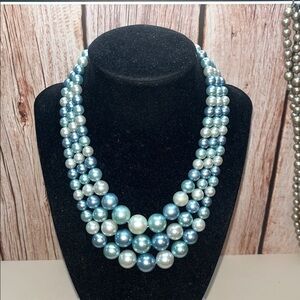 Vintage Pastel Blue 3 strand Pearl Necklace Made in Japan